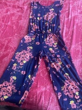 Epic Threads Navy Floral Jumpsuit with Pink and Yellow Flowers